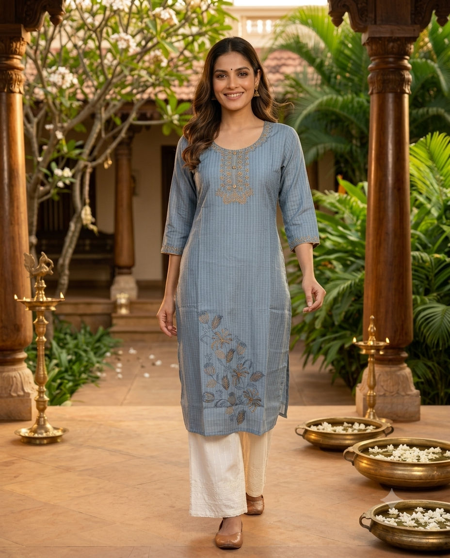 Grey Blue Cotton Zari Embroidered  Kurti Top