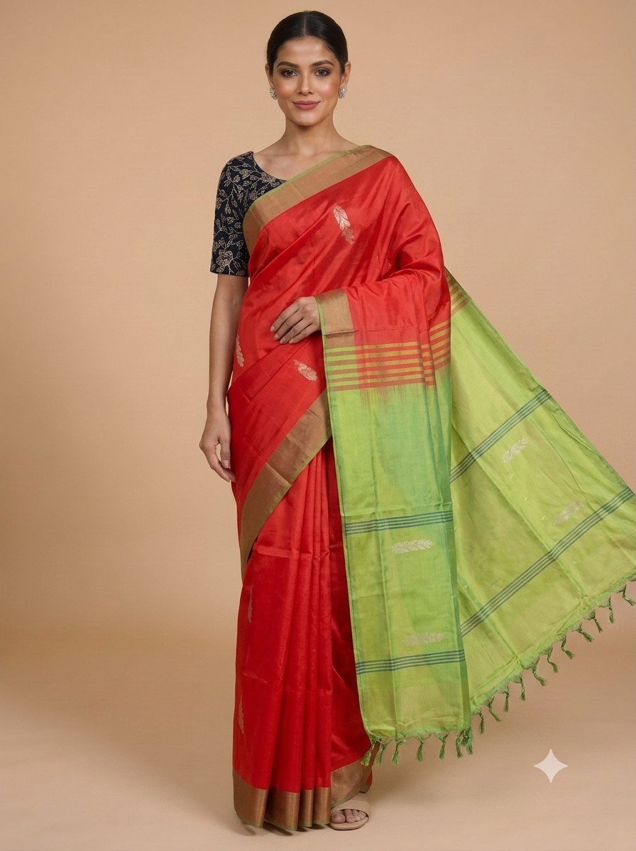 Red and Lime Green Banana Silk Sarees