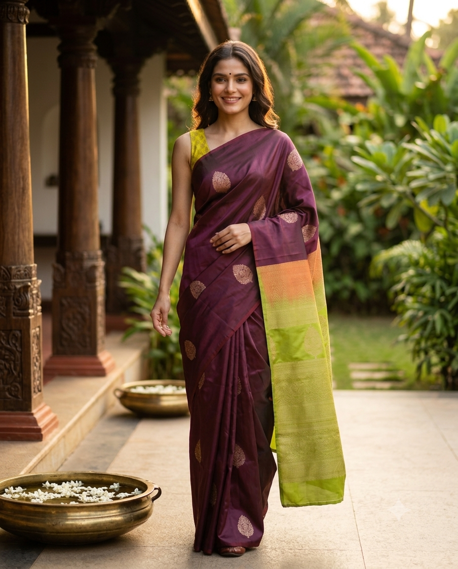 Maroon with Lime Green - Kanchi Semi Silk Saree