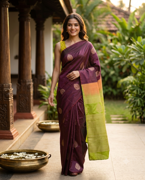 Maroon with Lime Green - Semi Silk Saree