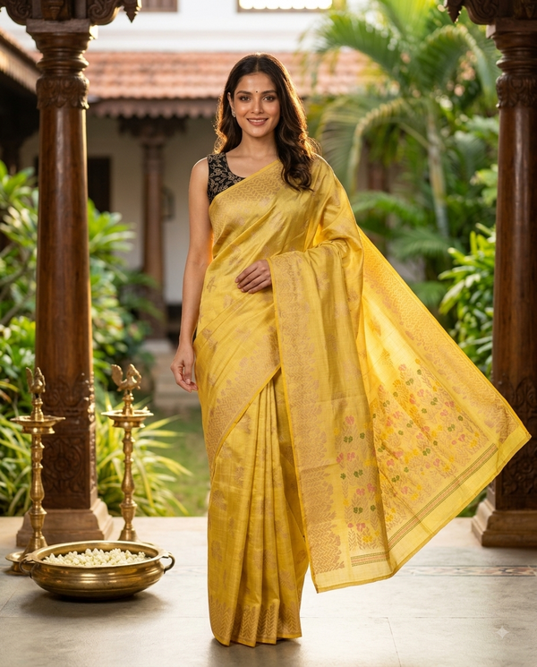 Yellow Semi Raw Silk Saree