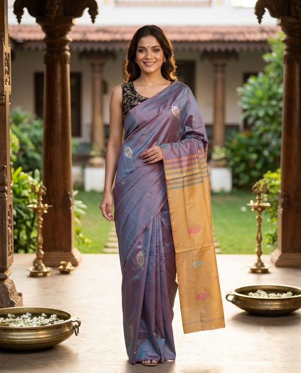 Mauve Grey and Mustard Banana Silk Sarees