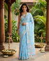 Sky Blue with Silver White Pallu - Linen Cotton Saree