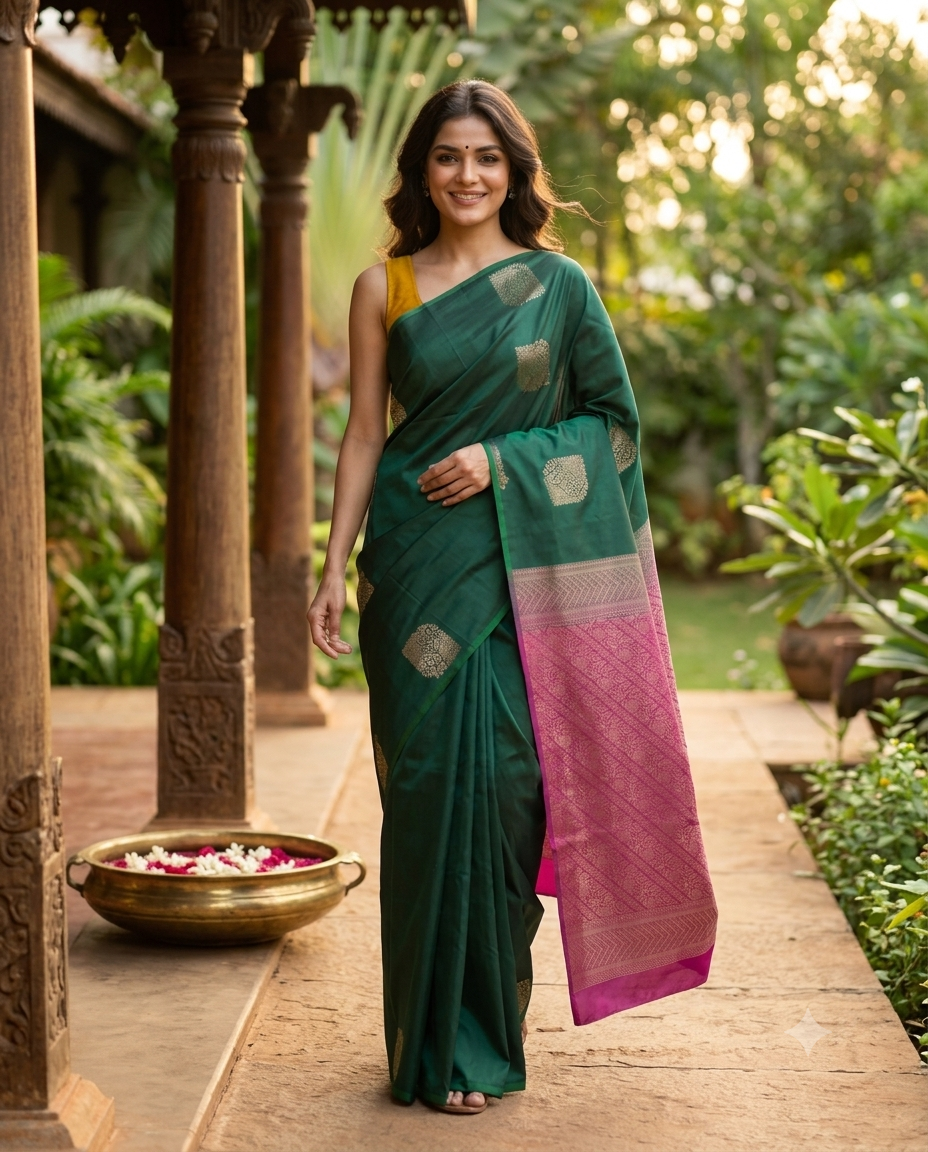 Green with Pink - Kanchi Semi Silk Saree
