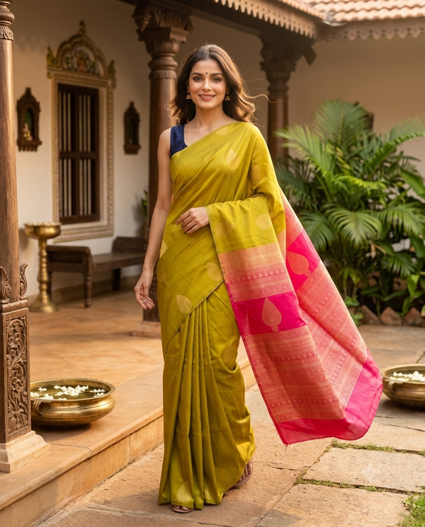Olive Green with Rani Pink - Semi Silk Saree
