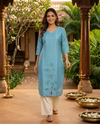 Sky Blue Floral Embroidered Cotton  Kurti Top