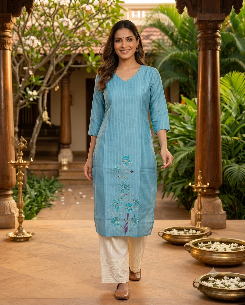 Sky Blue Floral Embroidered Cotton  Kurti Top
