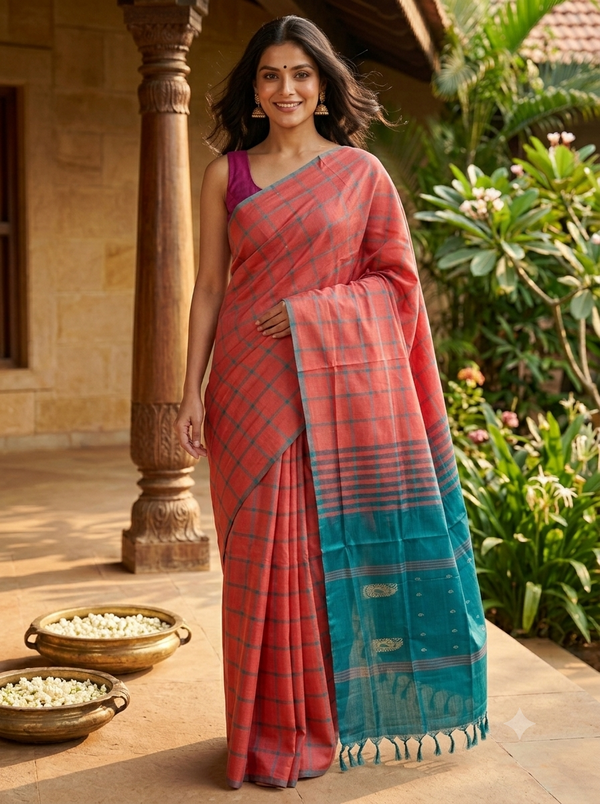 Coral Red and Teal Banana Silk Sarees
