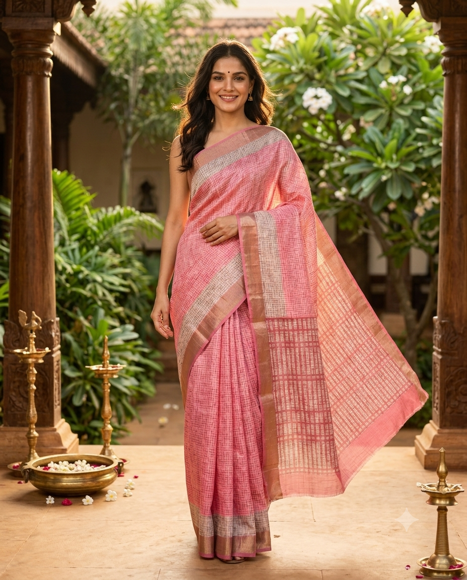 Pink and Off-White Grid Dola Silk Saree