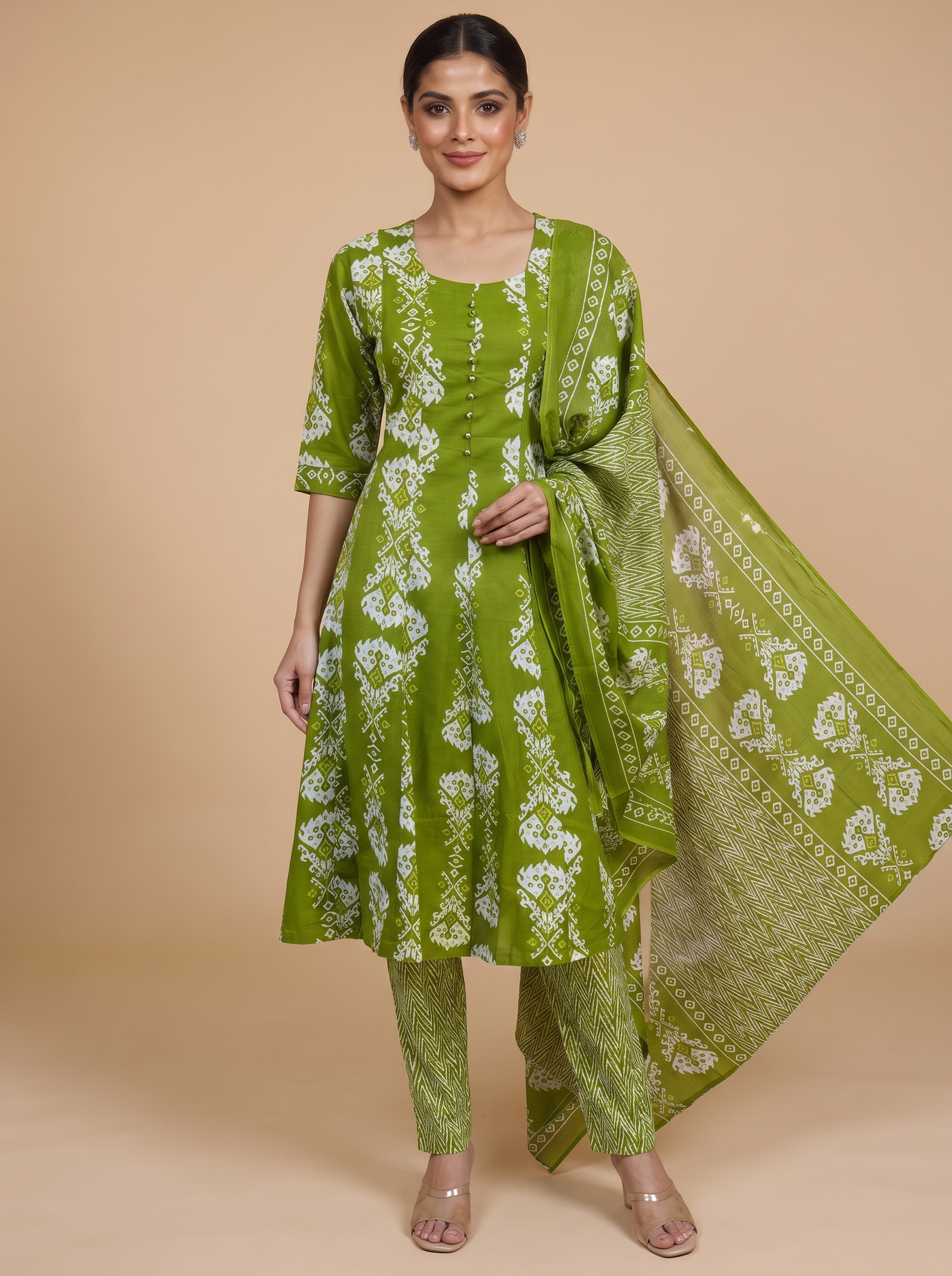 Olive Green with Olive Green Anarkali Kurti Set
