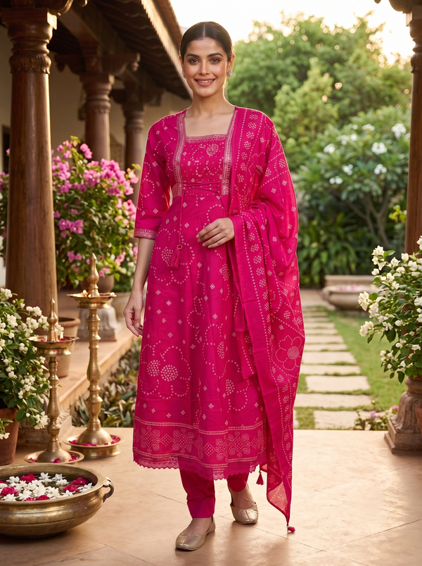 Pink with Dupatta Anarkali Kurti Set