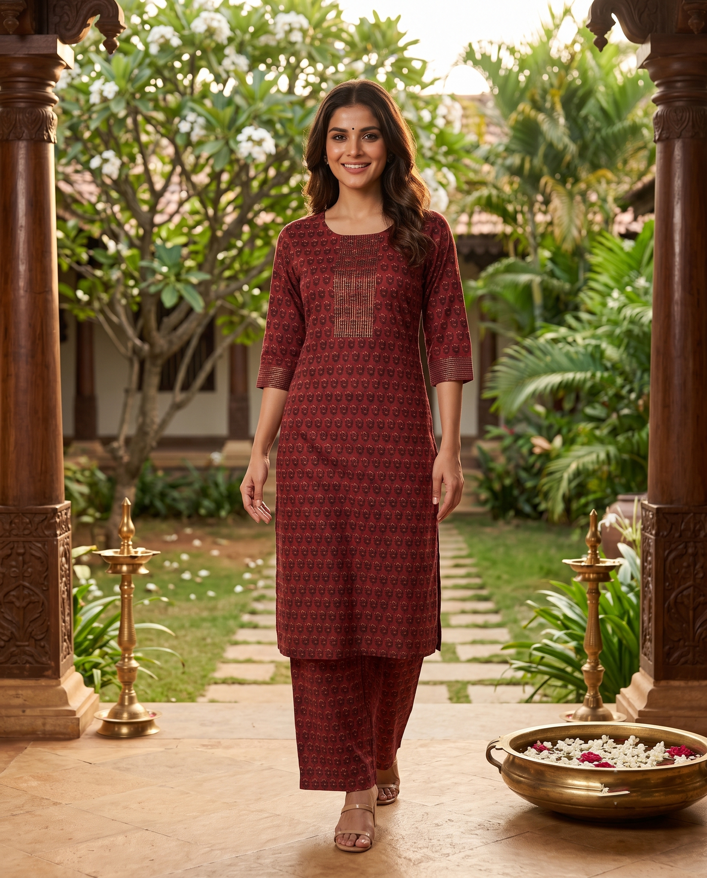 Maroon Printed Cotton Kurti Set