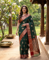 Dark Green and Red Semi Raw Silk Saree