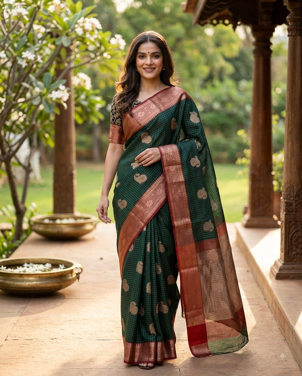 Dark Green and Red Semi Raw Silk Saree