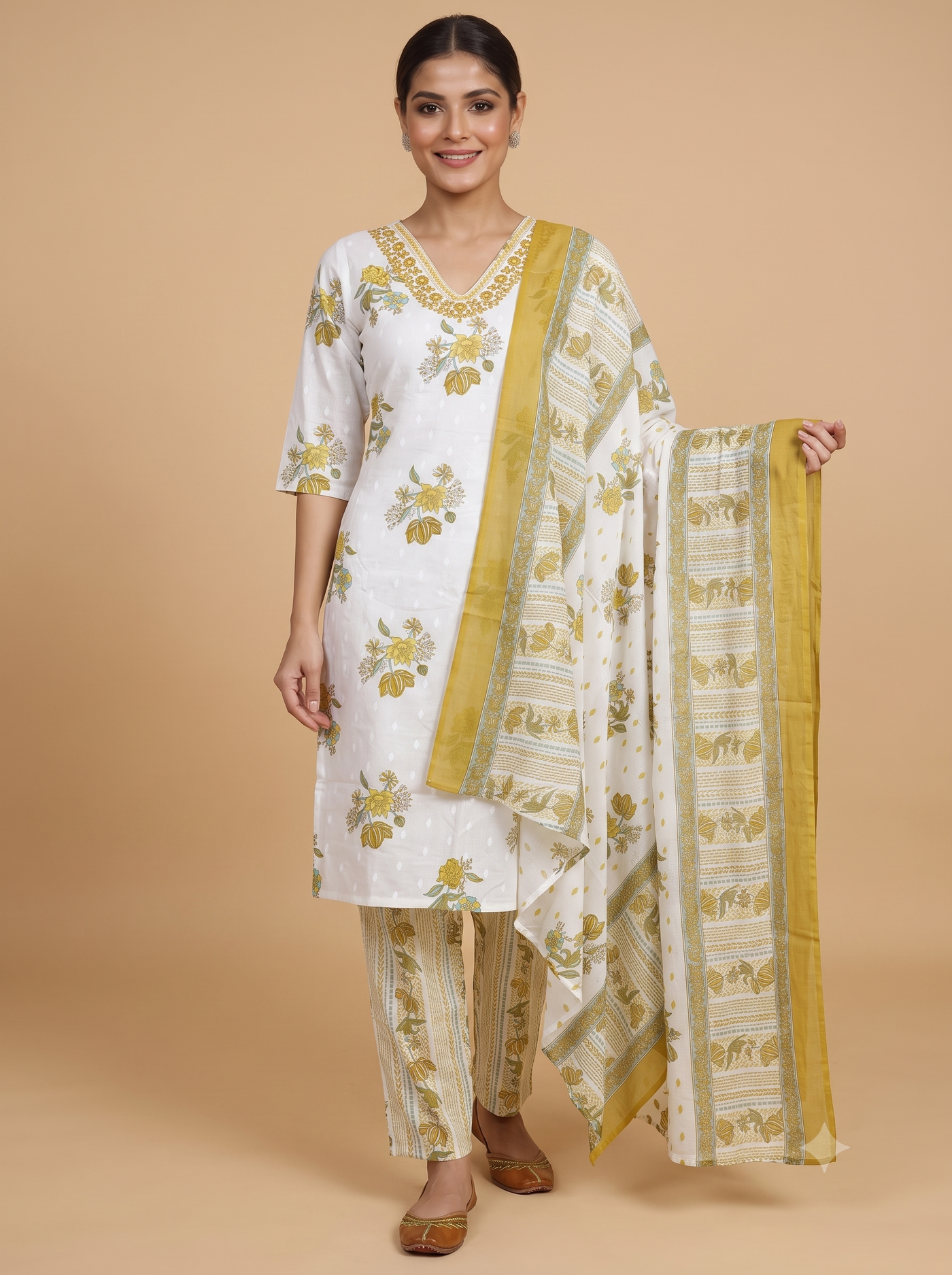 White and Olive Green Floral Print Anarkali  Kurti Set