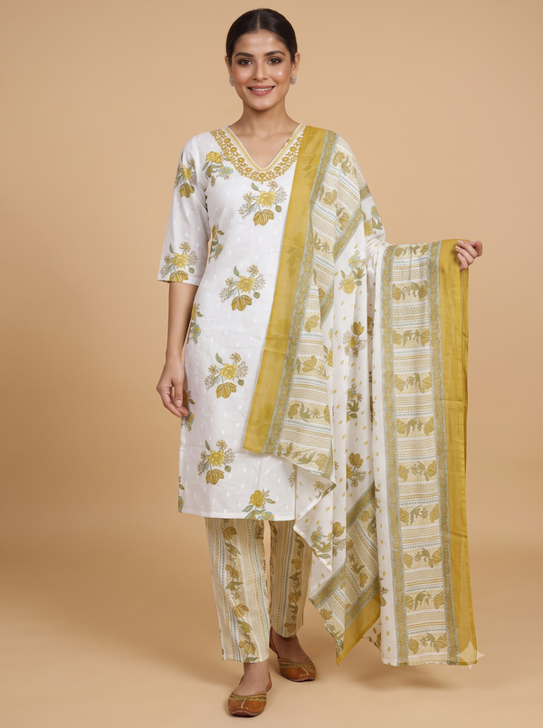 White and Olive Green Floral Print Anarkali  Kurti Set