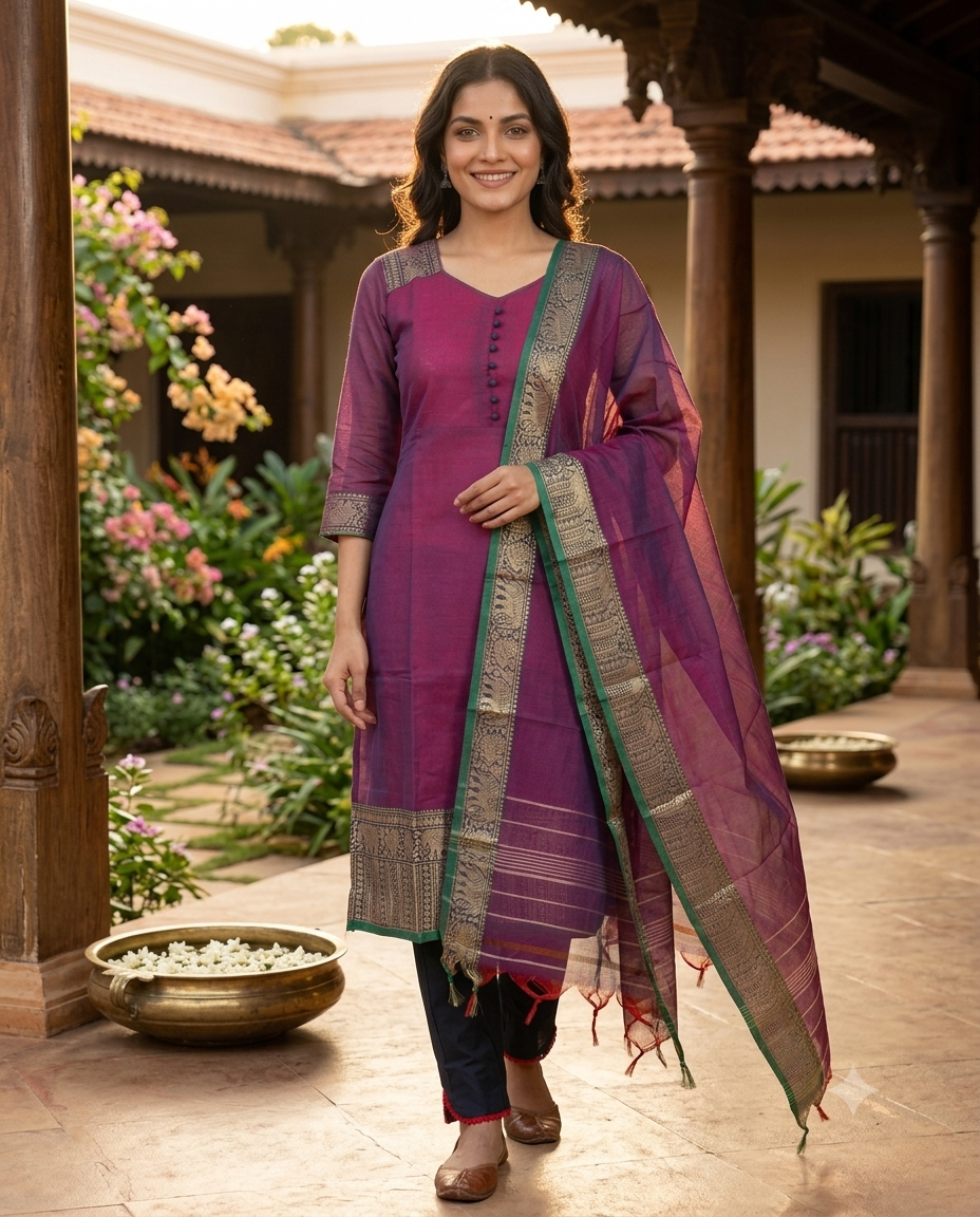 Magenta Handloom Chettinad Cotton Straight Cut Kurti Set