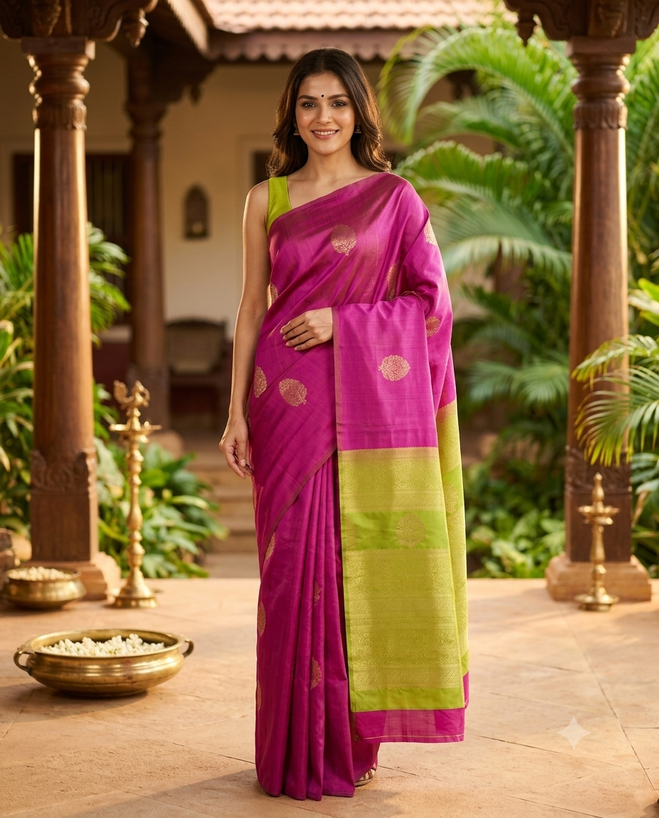 Magenta Pink with Lime Green  Kanchi Semi Silk Saree