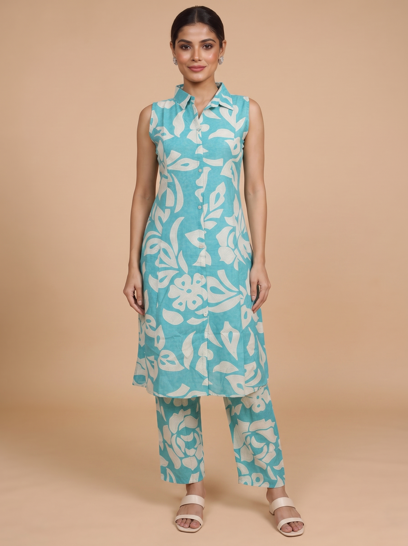 Turquoise Blue Floral Printed Cotton Co-ord Set with A-Line Cut
