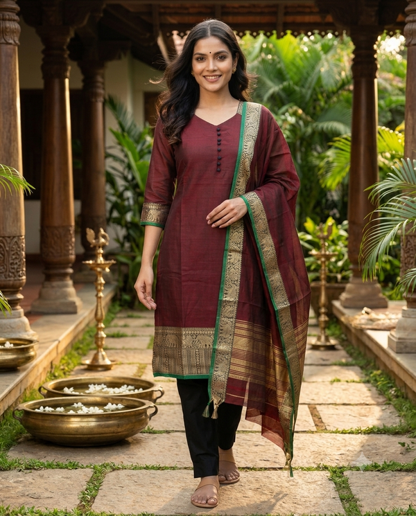 Maroon Chettinad Cotton Straight Cut Kurti Set
