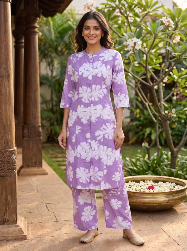 Lavender Floral Cotton  2 piece Kurti Set