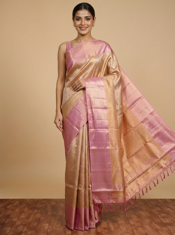 Pastel Pink and Gold Kanchipuram Pure Mix Saree