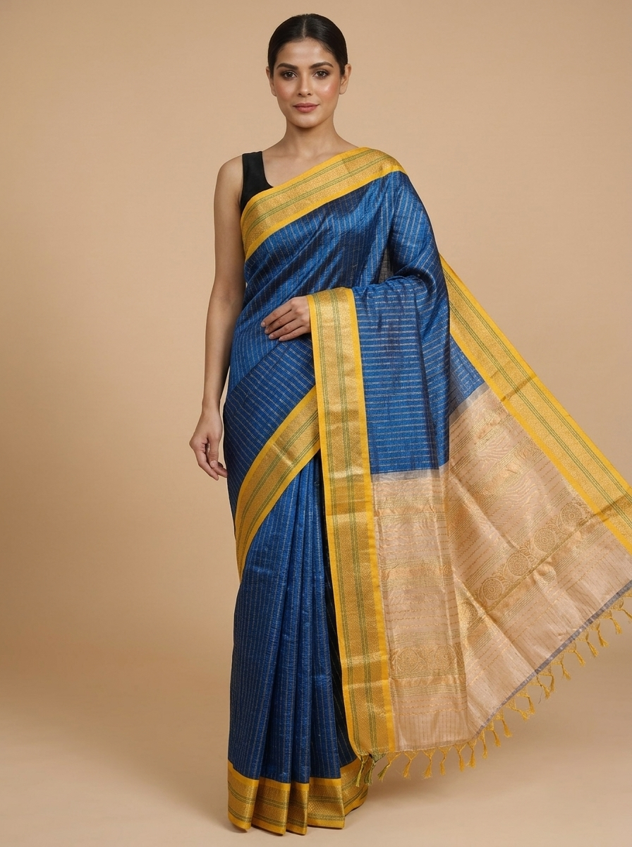 Royal Blue with Mustard Yellow Zari Border Pure Silk Cotton Saree