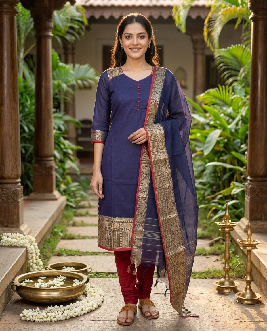 Navy Blue Handloom Chettinad Cotton Straight Cut Kurti Set