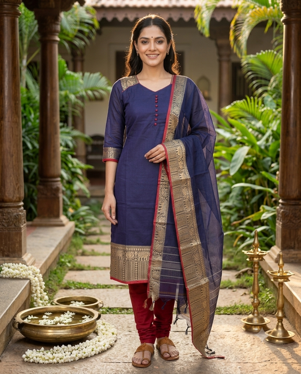 Navy Blue Handloom Chettinad Cotton Straight Cut Kurti Set