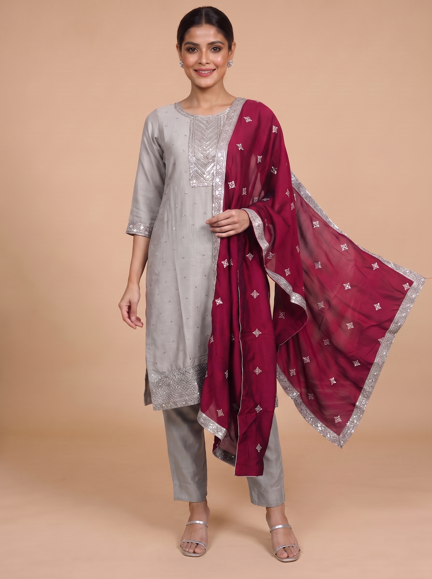 Grey with Maroon Dupatta Ready Made Kurti Set