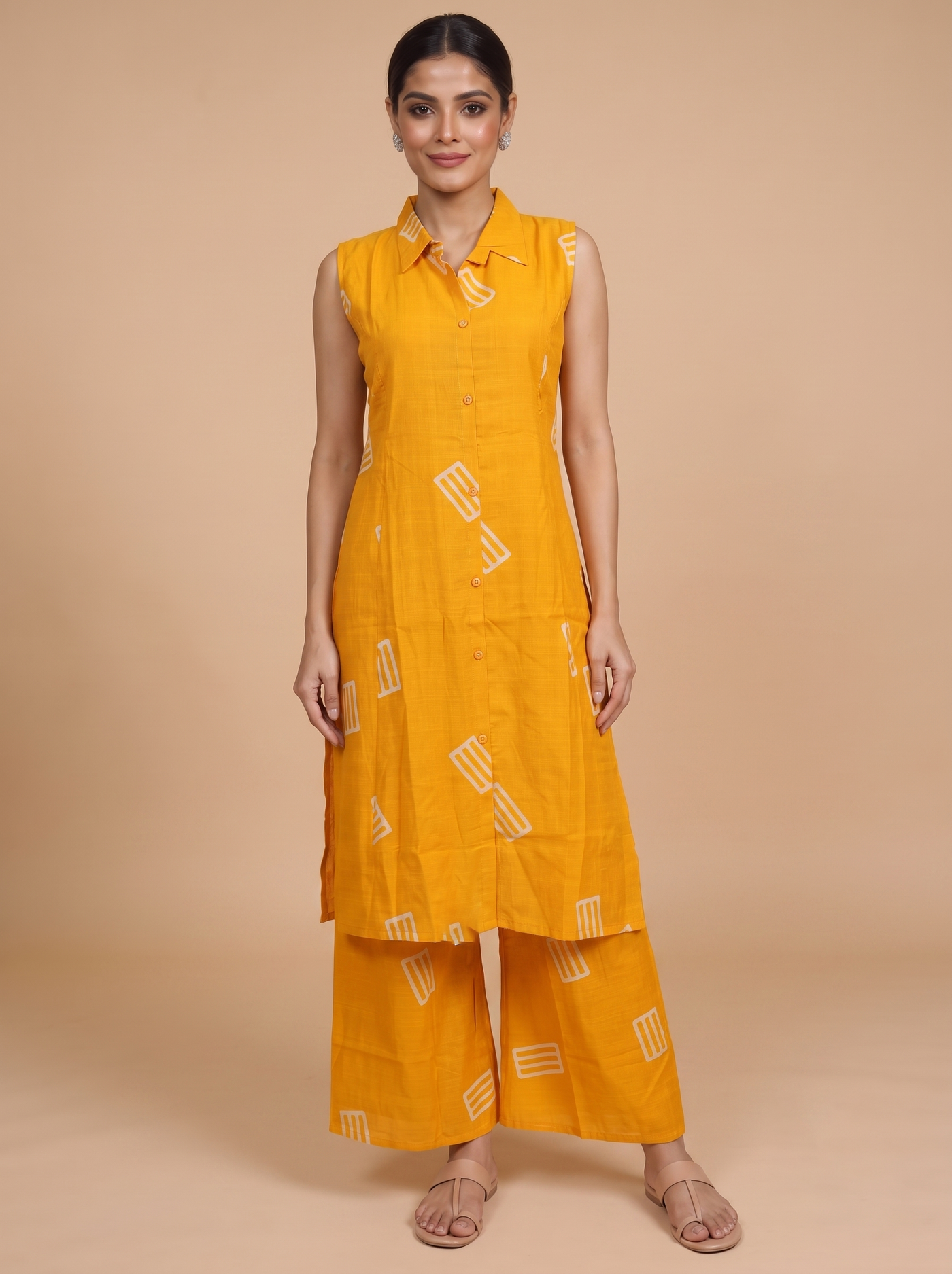 Mustard Yellow Geometric Print Cotton Co-ord Set with A-Line Cut