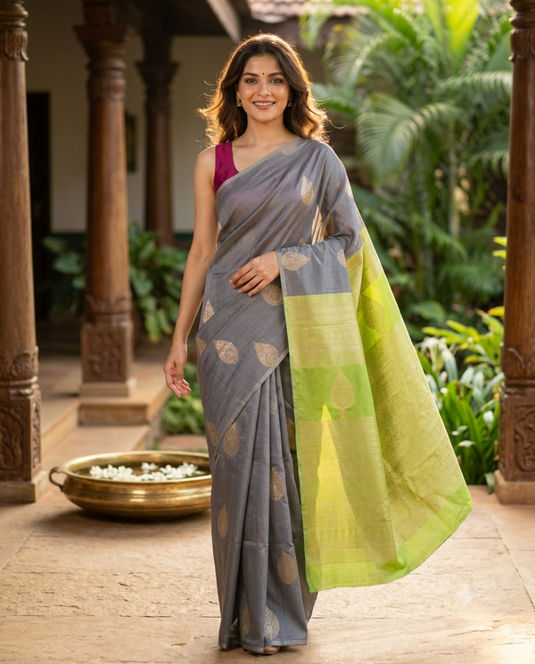 Grey with Lime Green - Semi Silk Saree