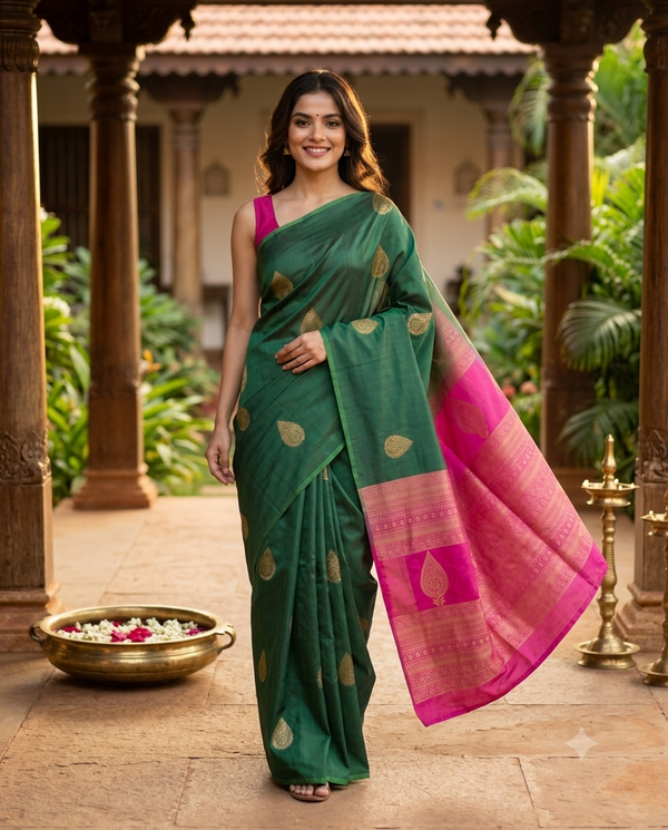 Dark Green with Pink - Semi Silk Saree