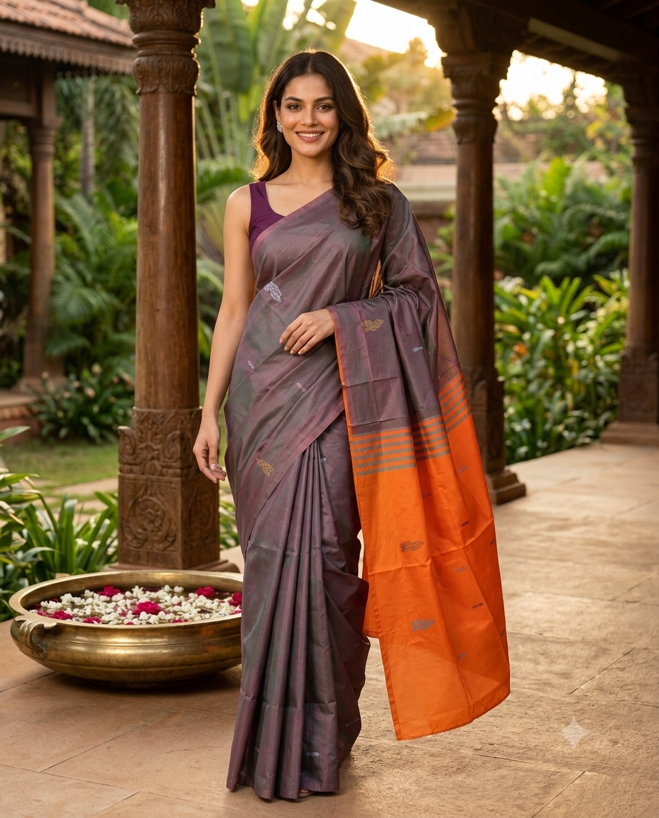 Grey and Orange Banana Silk Sarees
