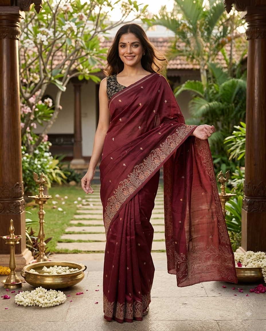 Maroon Semi Raw Silk Saree