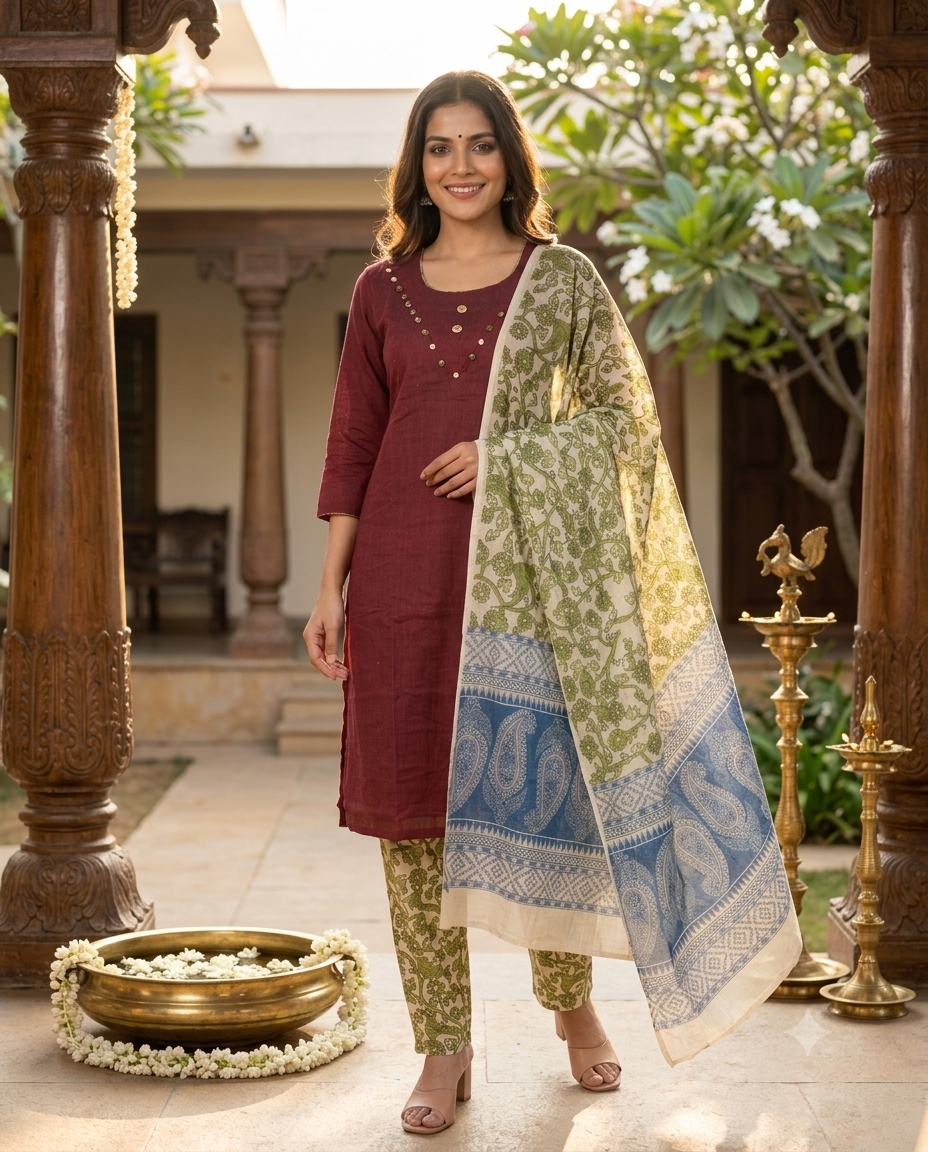 Maroon Cotton Kalamkari Dupatta Straight Cut Kurti Set