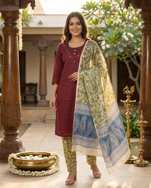 Maroon Cotton Kalamkari Dupatta Straight Cut Kurti Set