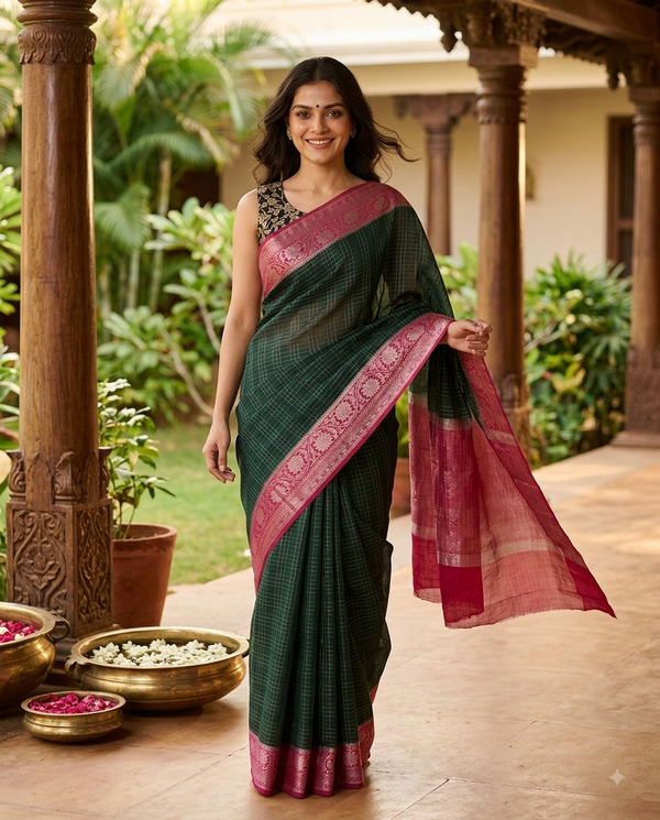 Bottle Green and Pink Semi Raw Silk Saree