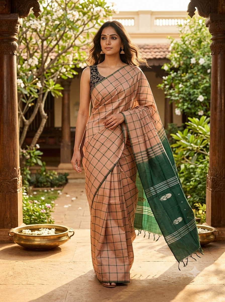 Dusty Peach and Green Banana Silk Sarees