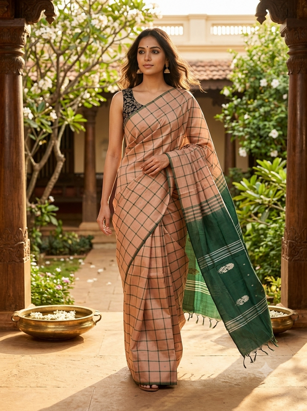 Dusty Peach and Green Banana Silk Sarees