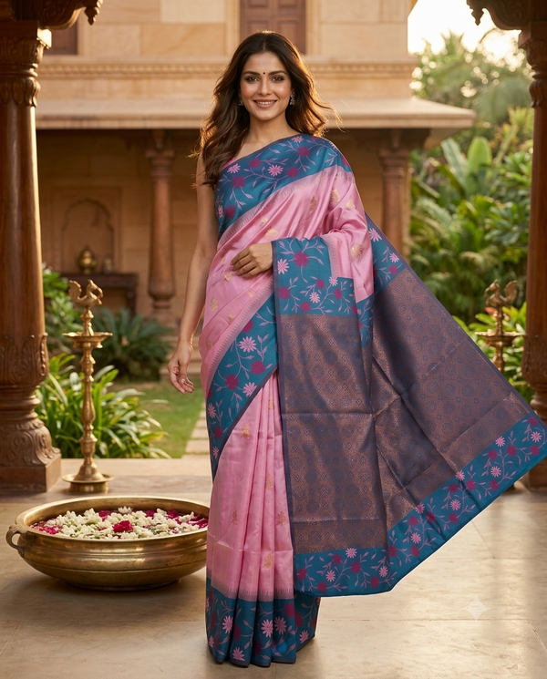 Pink with Teal Blue Fancy Silk Saree
