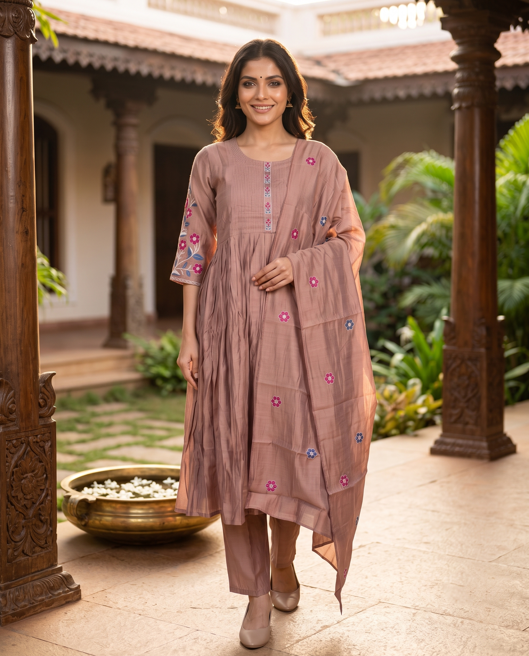 Taupe Brown with Matching Dupatta Ready Made Kurti Set