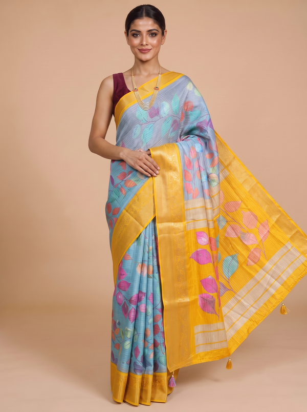 Grey with Yellow - Semi Raw Silk Saree