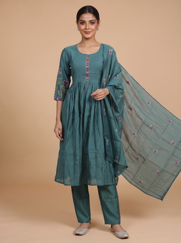 Teal Green With Dupatta Anarkali Kurti Set