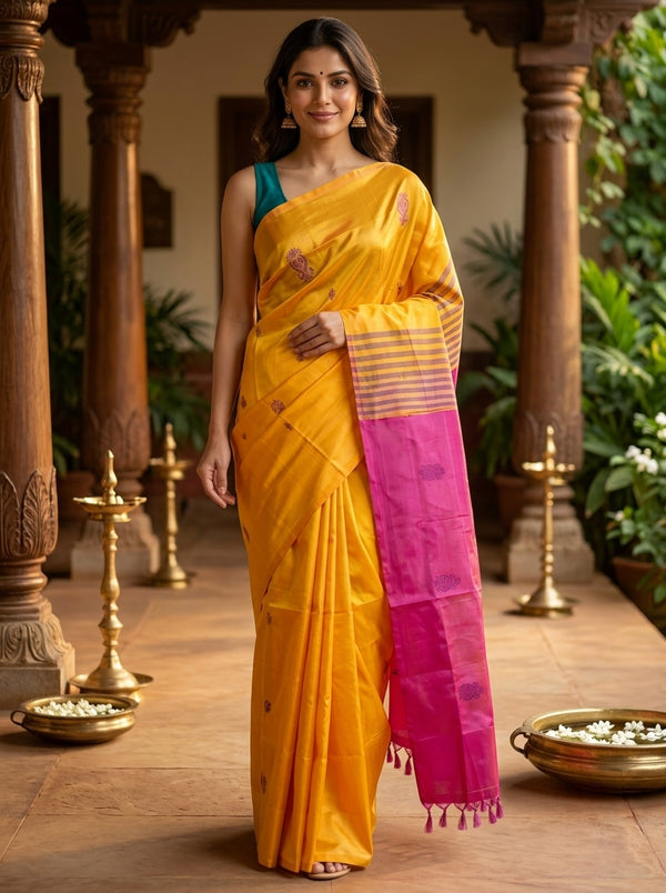 Mustard Yellow and Pink Banana Silk Sarees