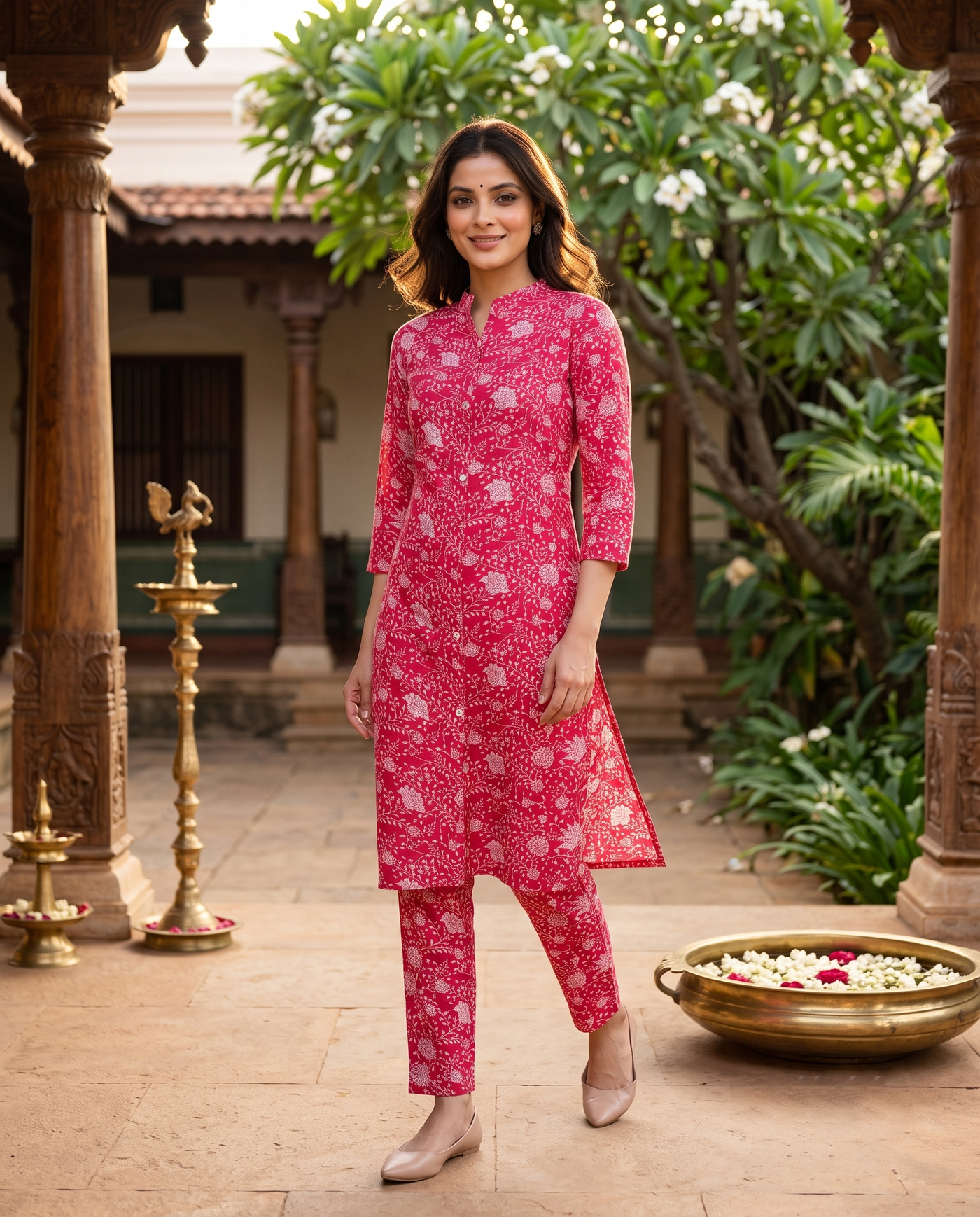 Red Floral Print Cotton 2 piece Kurti Set