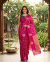 Magenta Pink and Gold Semi Raw Silk Saree