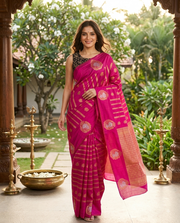 Magenta Pink and Gold Semi Raw Silk Saree
