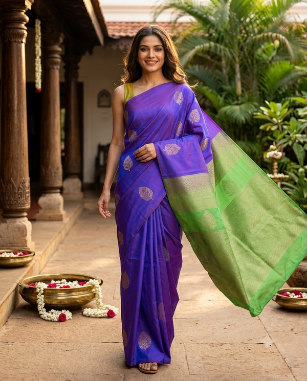 Purple with Light Green - Semi Silk Saree