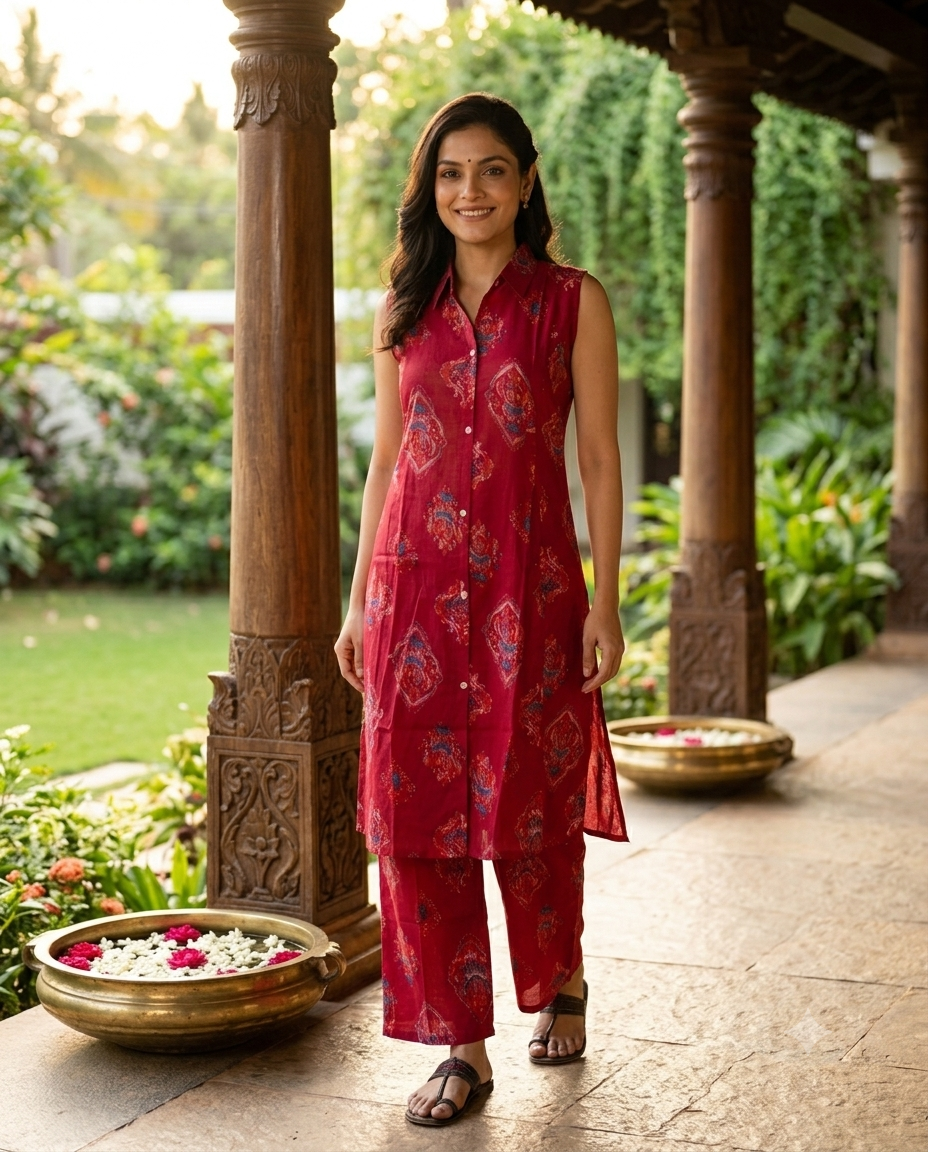 Red Ikat Printed Cotton Co-ord Set Kurti Set
